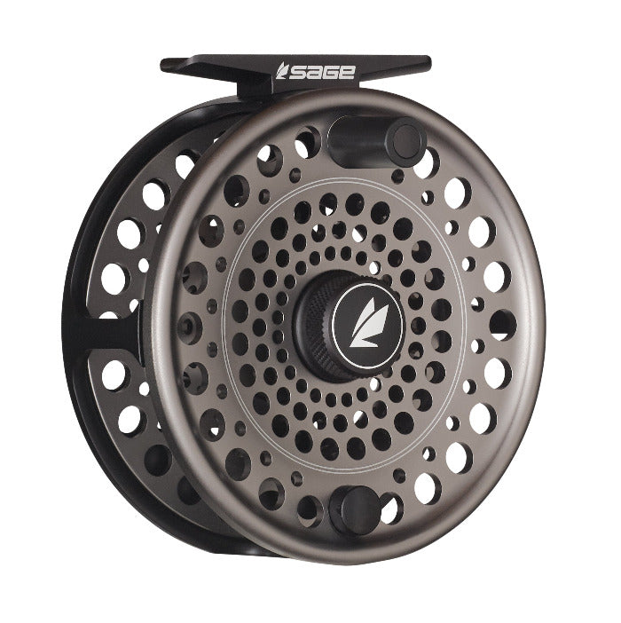 Sage Trout Spey fly reel with black and silver perforated spool and central drag knob
