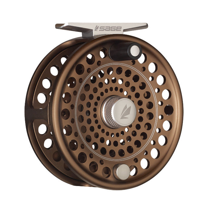 Sage Trout Spey fly reel in bronze with perforated spool and central drag knob
