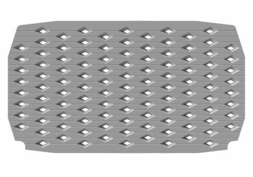 Gray fly box with patterned grid of compartments and raised dividers