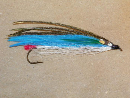 supervisor #2 8x long from Rangeley Maine fly fishing shop blue feather, peacock silver body with red tai