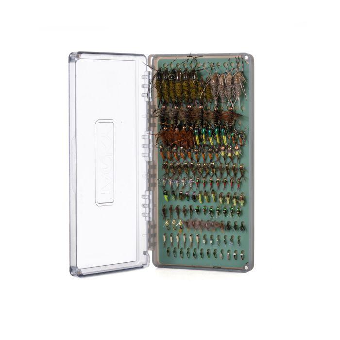 Clear-lid fly box open, packed with tied fishing flies