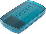 Small teal plastic tackle case with clear label window