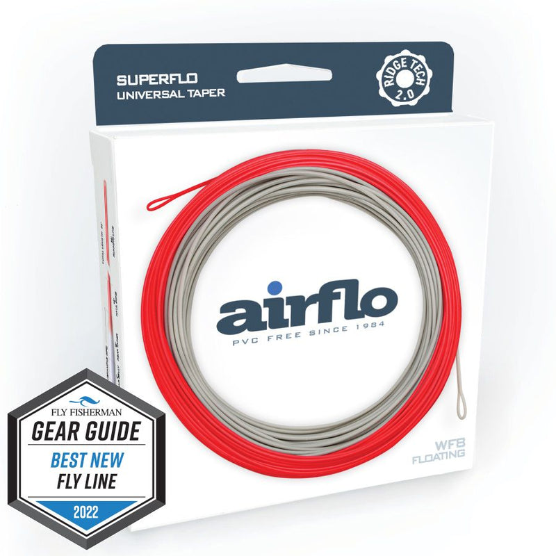 Fly fishing fly line on retail card, red and gray coiled line with loop handle