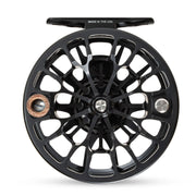 Fishing reel with matte black spoked rim and silver center hardware