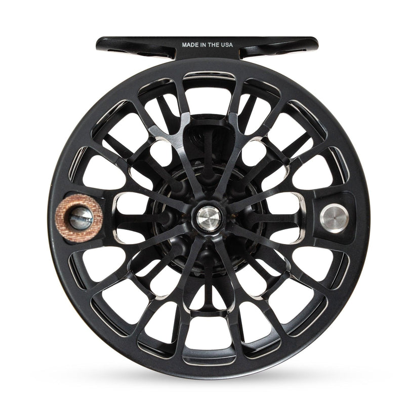 Fishing reel with matte black spoked rim and silver center hardware