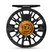 Fishing reel with matte black spoked rim and gold center logo