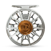 Fishing reel with silver spoked rim and gold center logo