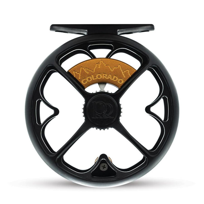 Matte black fishing reel with Colorado badge and five-spoke spool, dark drag cover