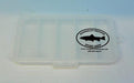 five compartment translucent box for holding lures and flies with Rangeley Region Sport Shop black design on cover