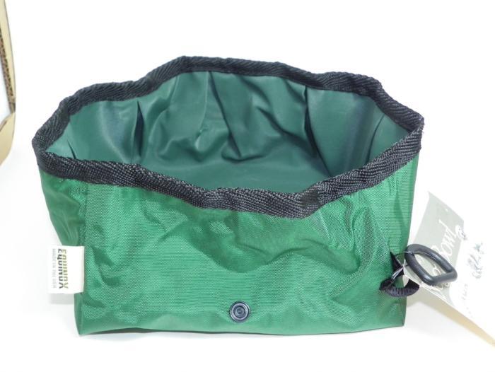 Forest green travel bowl with black mesh rim and hanging clip