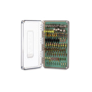 Fly box with open lid showing rows of colorful fishing flies and plastic compartment insert