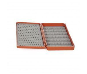 A burnt orange color fly box opened to show silicone interior that can hold 187 flies
