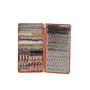 Fly box open showing compartment of mixed colorful fishing flies and hackles
