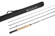 Fishing rod with cork handle, dark shaft, and black protective case