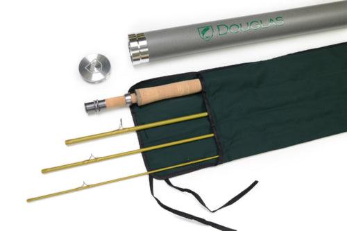 Fishing rod with gray blank, cork grip, black line holder, gold line guides