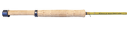 Fly fishing rod section with cork grip, blue reel seat, gold guide rings