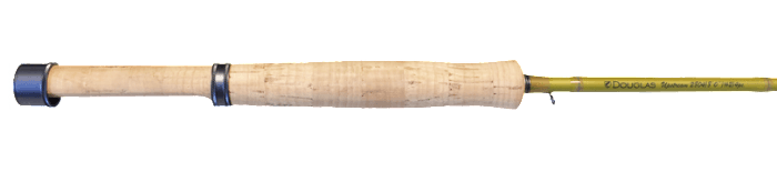 Fly fishing rod section with cork grip, blue reel seat, gold guide rings