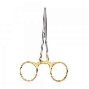 Dr. Slick forceps with curved tip, gold-tone handles