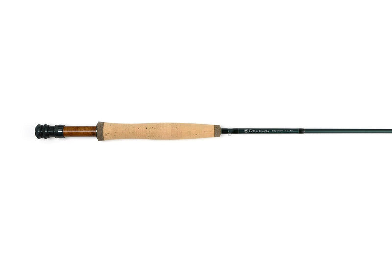 Fly rod with cork handle, dark green shaft, and black reel seat