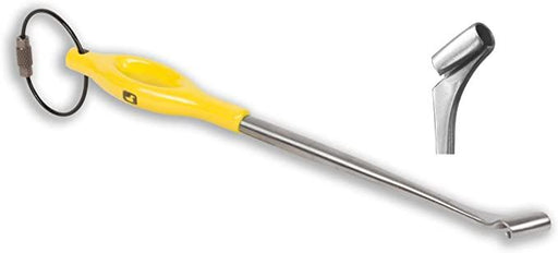 The ergo quick release tool with yellow handle and a close up of the part that helps release fish from the hook