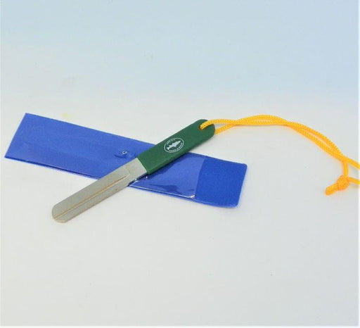 hook sharpening file with green handle, yellow cord, and blue plastic sheath