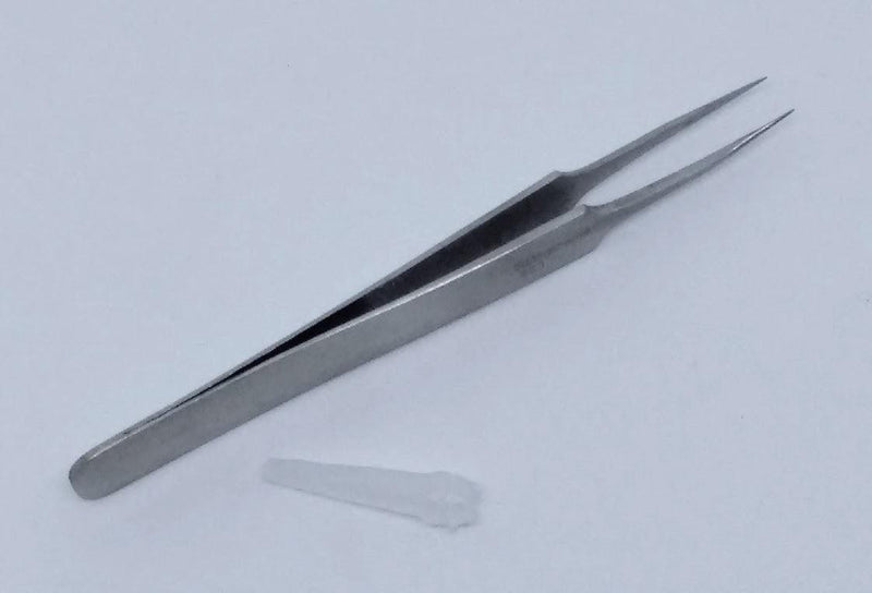 Terra fine point tweezers with pointed tips, metallic silver