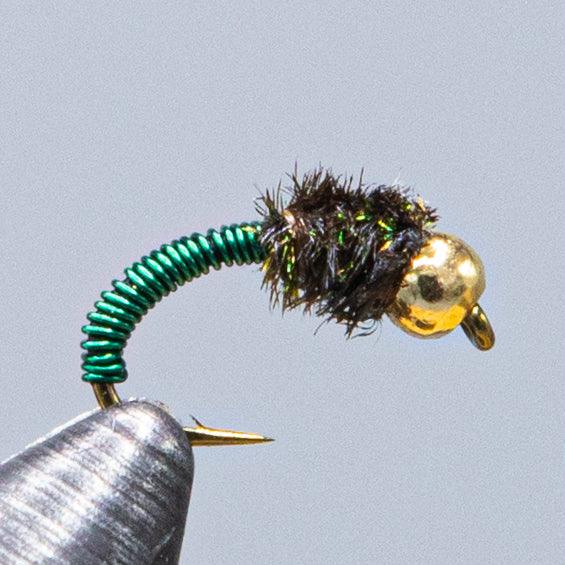 Caddis fly fishing lure with teal spring body and gold head