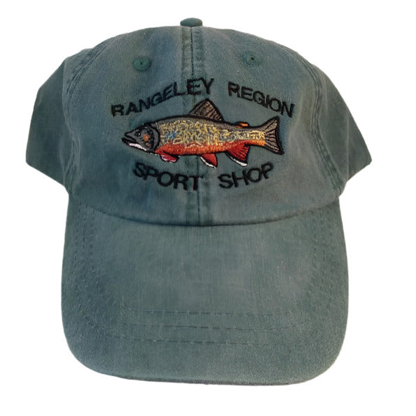 Brook trout hat in dark gray with embroidered fish patch on the front