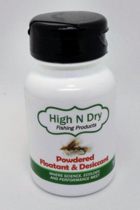 Powdered floatant and desiccant bottle with dark cap, white label