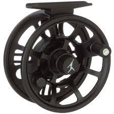 Black fly fishing reel with round spool and handle