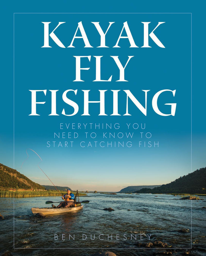 Kayak fly fishing guidebook cover with boat on water and large title text