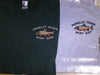 close up of embroidered design on two long sleeved t-shirt, one gray and one dark green available with embroidered brook trout and shop name "Rangeley Region Sport Shop"