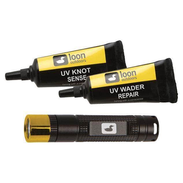 the three items that come in the Loon UV Kit:  curing light , knot sense, and wader repair