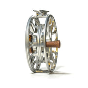 Fishing reel, silver wheel side view with brown wooden handle and gold details