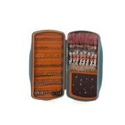 Fly box open with orange compartments and feather and lure insert