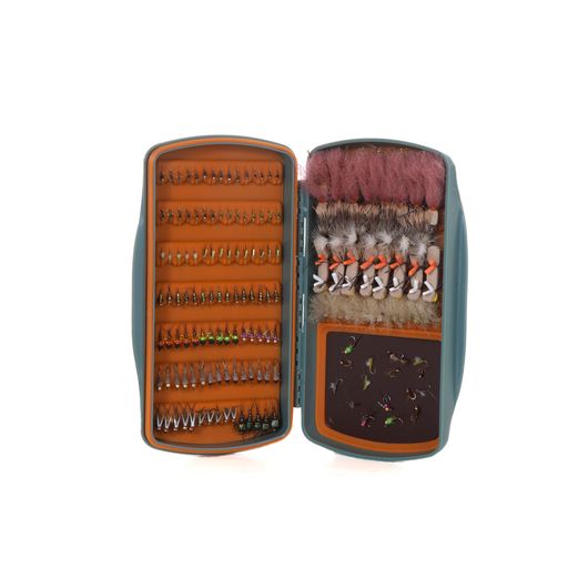 Fly box open with orange compartments and feather and lure insert