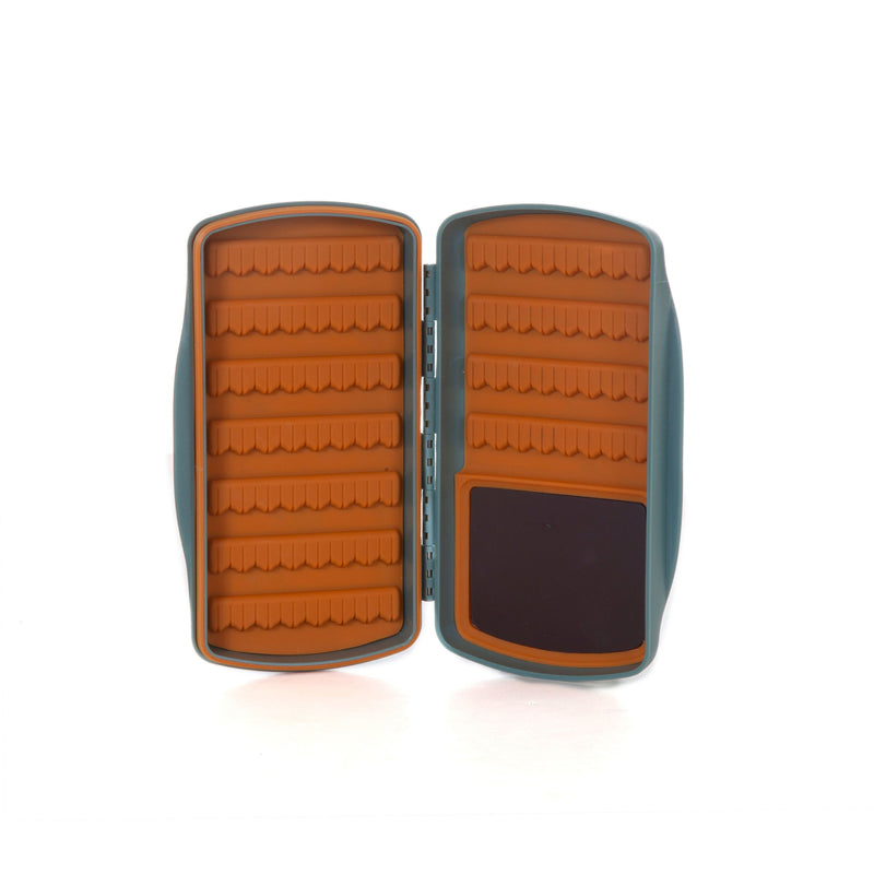 Fly box with orange divider foam, open hinged case, smoke gray exterior