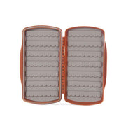 Orange tackle fly box with open hinge and gray foam compartments for flies