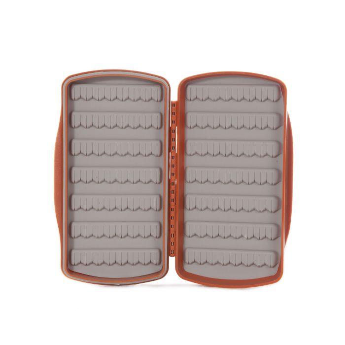 Orange tackle fly box with open hinge and gray foam compartments for flies