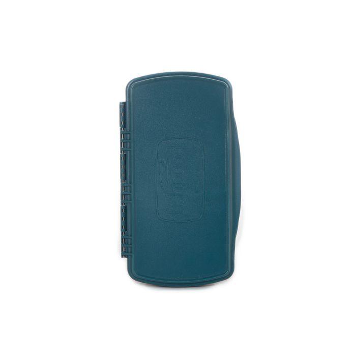 Blue molded fly box case with latch and hinged side for tackle storage