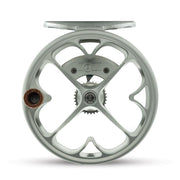 Matte platinum fishing reel with five-spoke spool and silver drag cover, wood grip