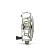 Fishing reel, matte platinum side view with arched cutouts and silver frame