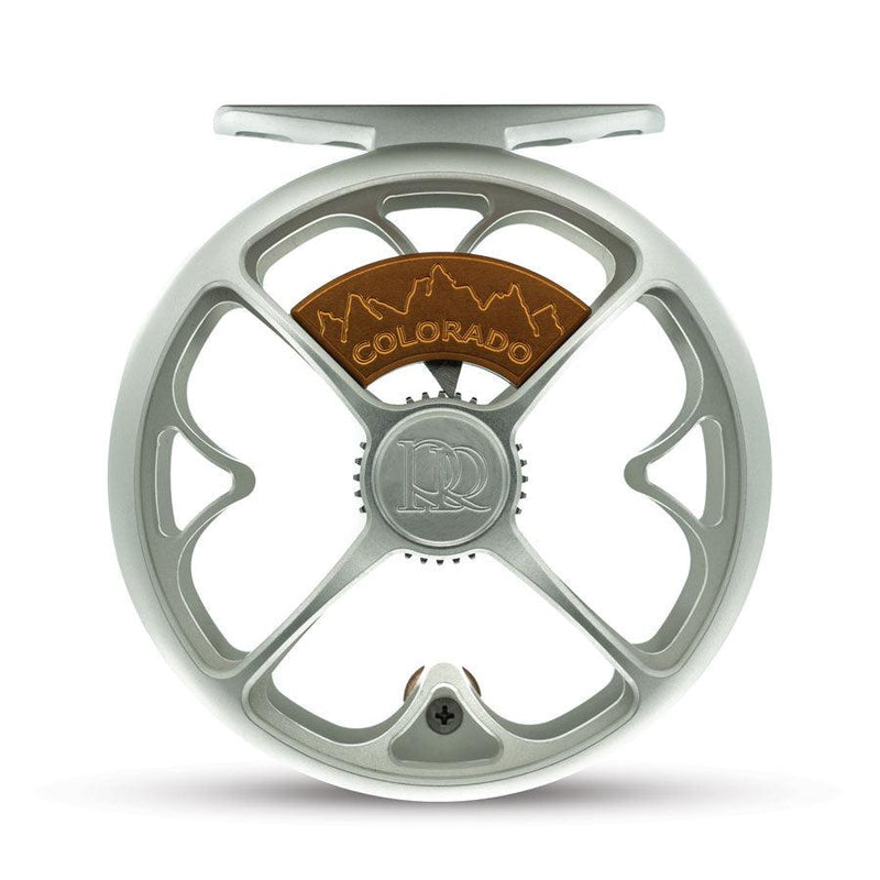 Matte platinum fishing reel with Colorado badge and five-spoke spool, silver drag cover