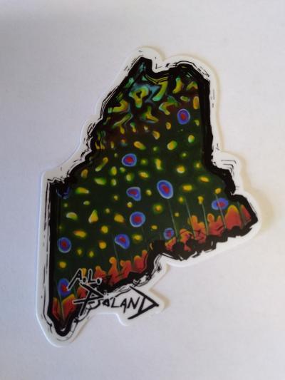 State of Maine Brookie sticker with dark green forest silhouette and colorful speckled dots