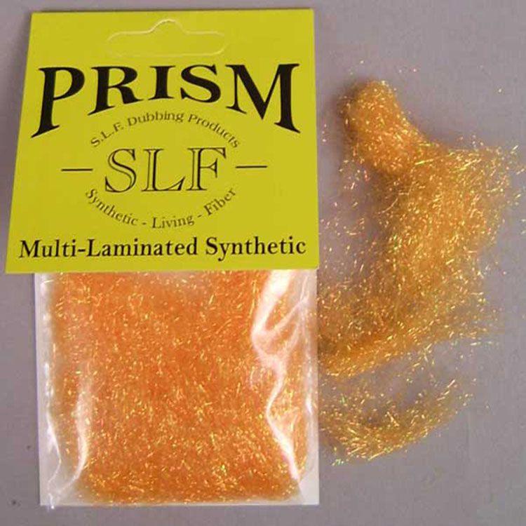 Synthetic dubbing fiber, orange glittery blend in clear bag with Prism SLF label