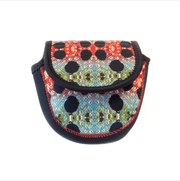 Wingo fly reel case pouch with red top, glittery multicolor spots, and black trim