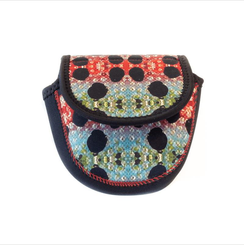 Wingo fly reel case pouch with red top, glittery multicolor spots, and black trim