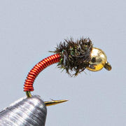 Caddis fly fishing lure with red spring body and gold head