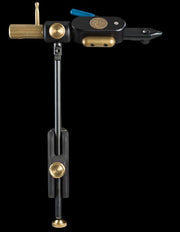 Metal vise with black column, gold knob and base, side clamp handle and blue lever