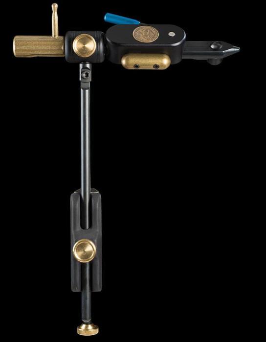 Metal vise with black column, gold knob and base, side clamp handle and blue lever